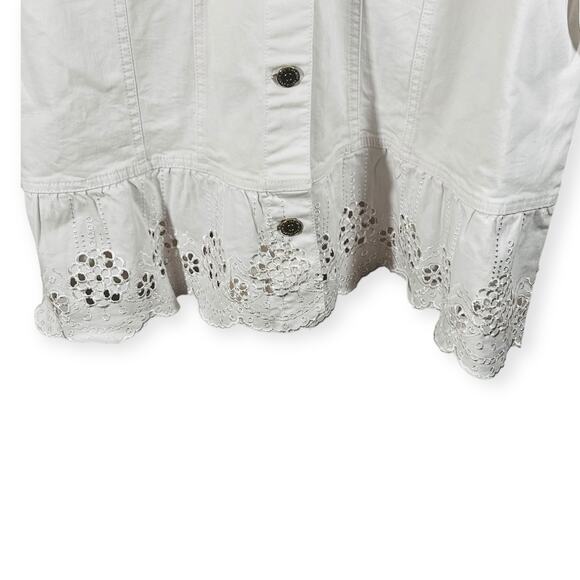 Susan Graver White Peplum Denim Jacket XL Eyelet Lace Hem Stretch Cotton - Picture 6 of 12
